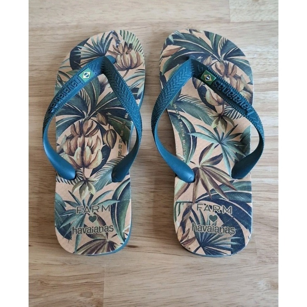 Havaianas x FARM Rio Bananart Teal flip-flops Sz 6W/5M Eur 37/38, Bra 35/36 - Picture 2 of 8